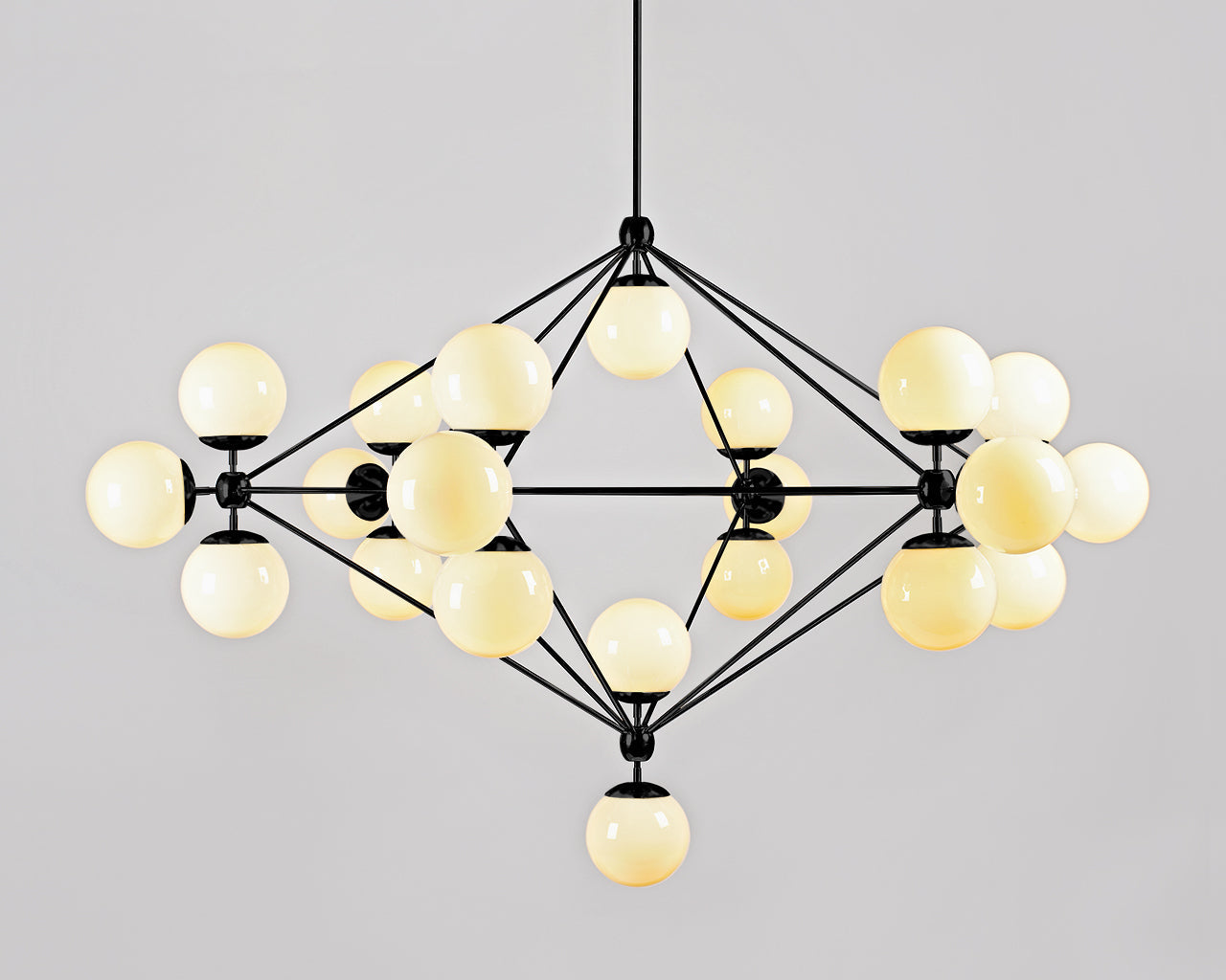 Modo Chandelier, six-sided black fixture with cream globes